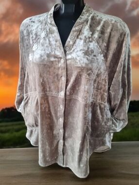 Cupio Feather Gray Crushed Velvet Button-Up Tunic Top w/ White Floral Appliqués